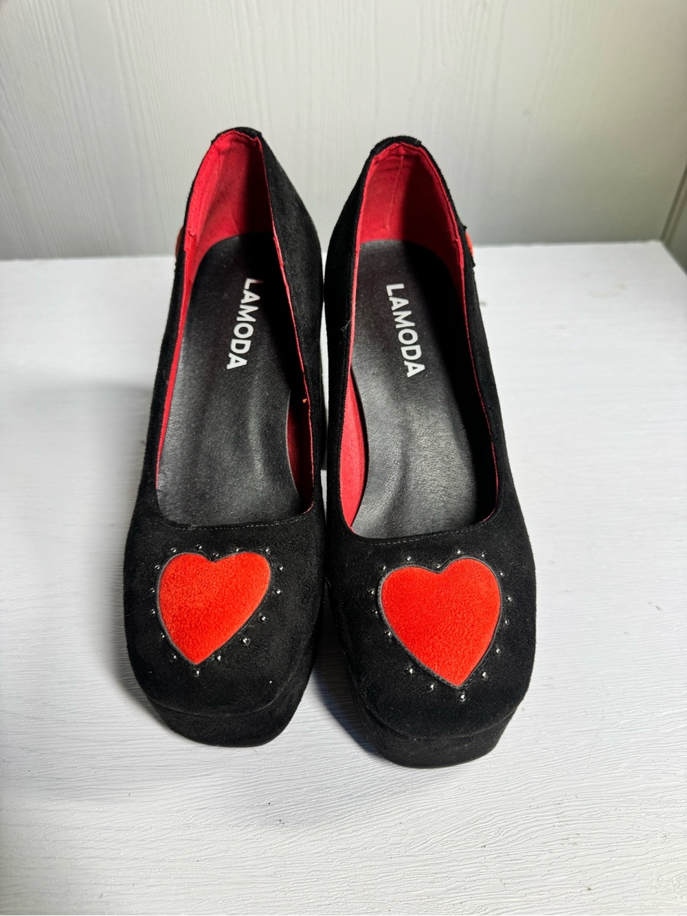 Lamo Black Suede Pumps with Red Heart Accent